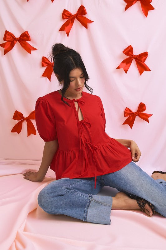 Front Ties Puff Half Sleeve Blouse