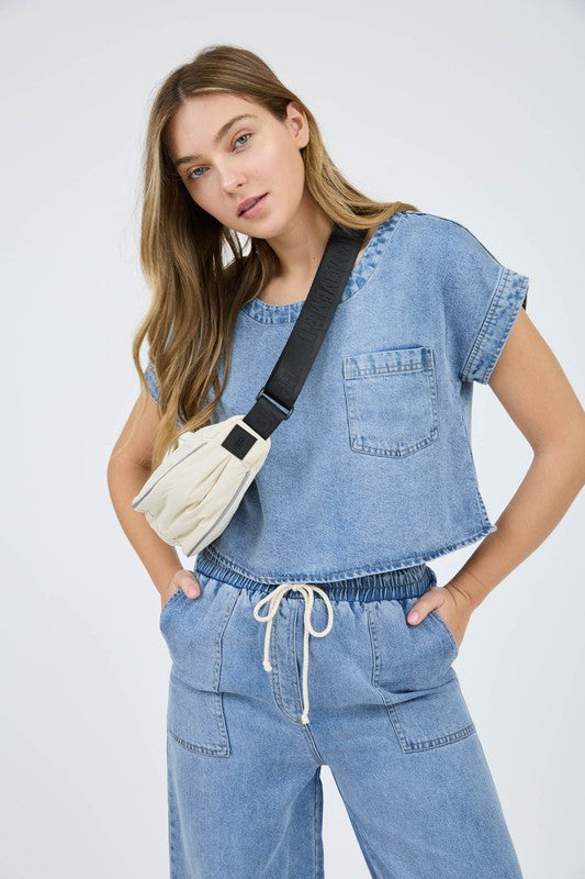 Washed Chambray Boat Neck Short Sleeve Crop Top & High Waist Wide leg Pants