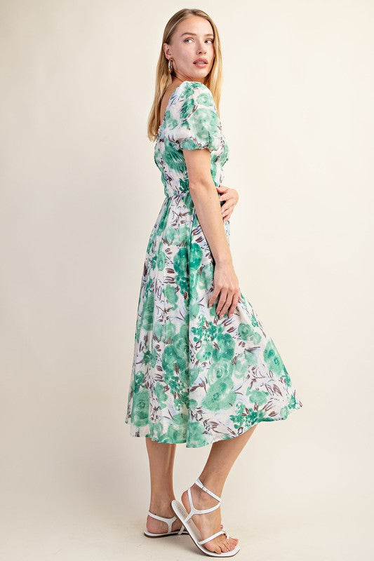 Square Neck Floral Midi Dress