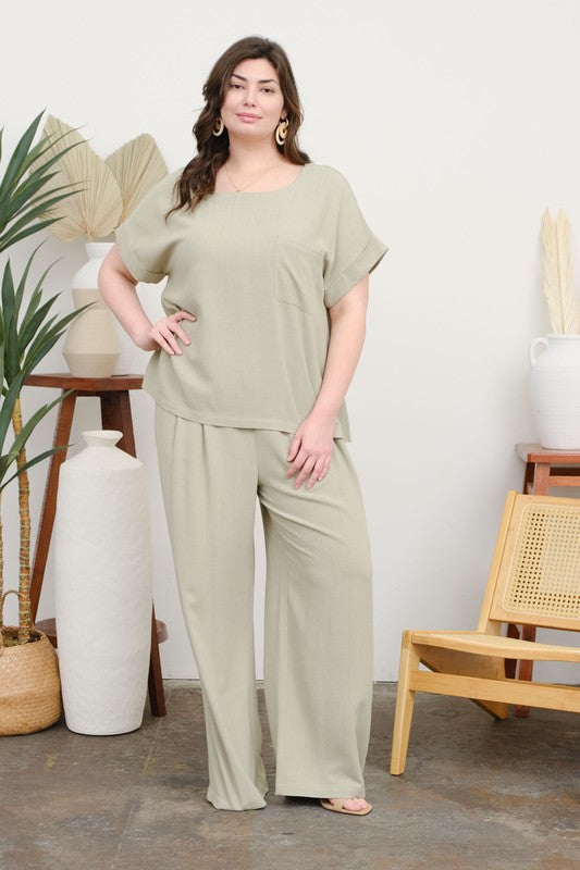 Linen-blend cropped top + wide-leg pants.