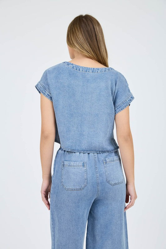 Washed Chambray Boat Neck Short Sleeve Crop Top & High Waist Wide leg Pants