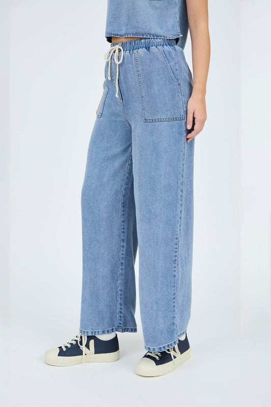 Washed Chambray Boat Neck Short Sleeve Crop Top & High Waist Wide leg Pants