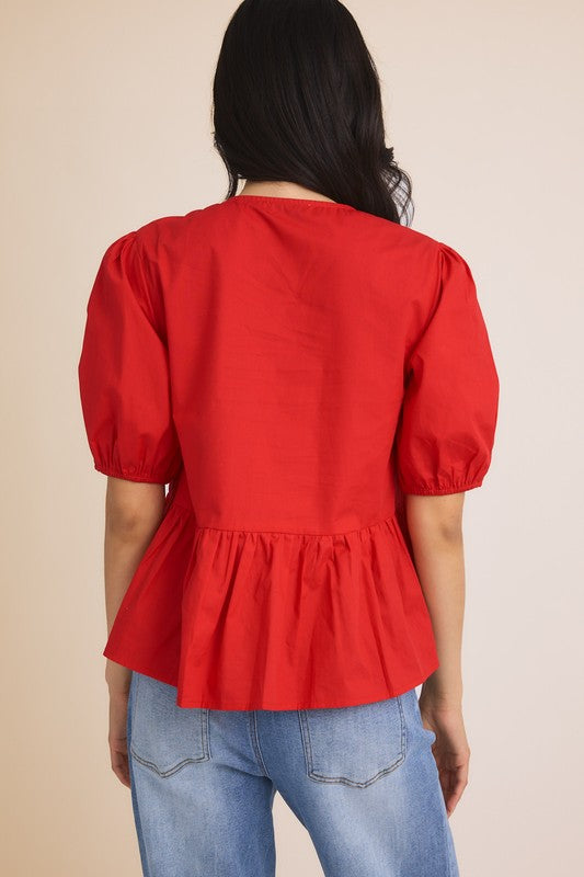 Front Ties Puff Half Sleeve Blouse