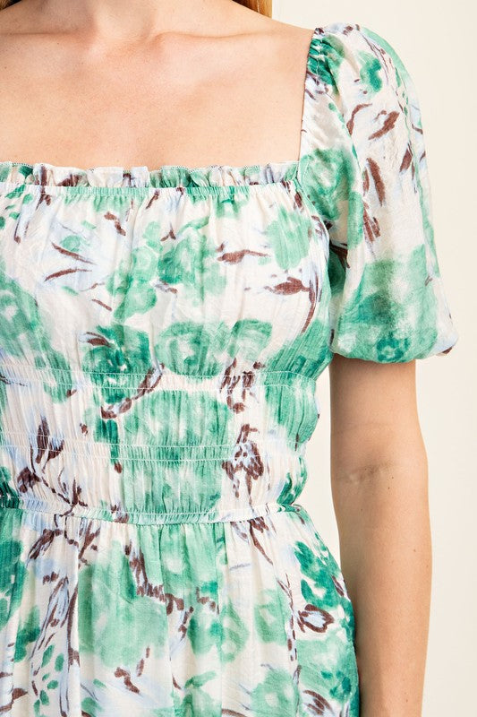 Square Neck Floral Midi Dress