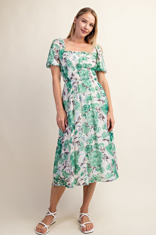 Square Neck Floral Midi Dress