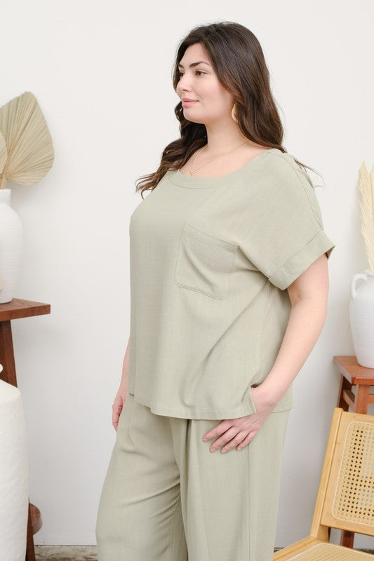 Linen-blend cropped top + wide-leg pants.