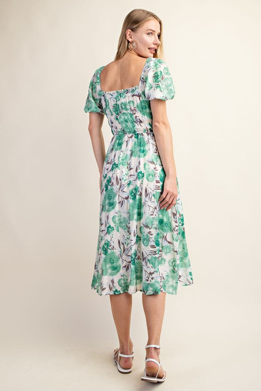 Square Neck Floral Midi Dress