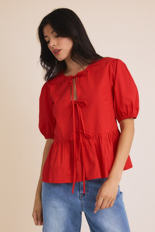 Front Ties Puff Half Sleeve Blouse
