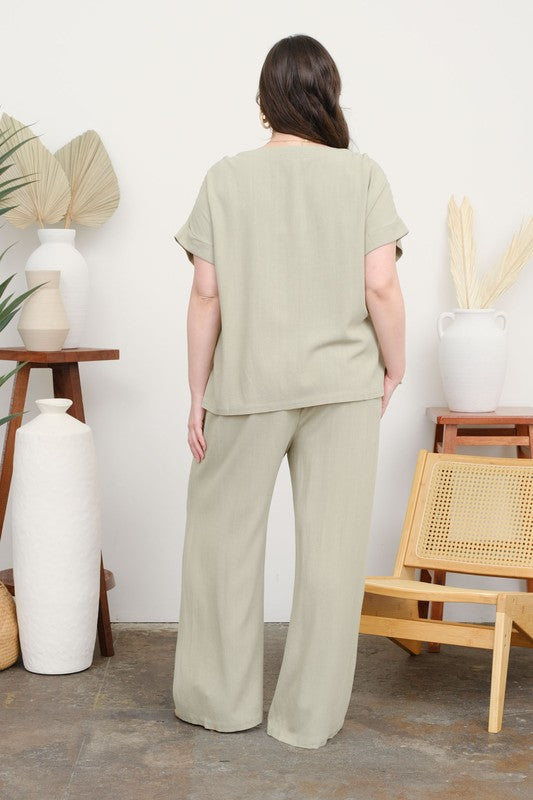 Linen-blend cropped top + wide-leg pants.