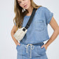 Washed Chambray Boat Neck Short Sleeve Crop Top & High Waist Wide leg Pants