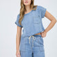 Washed Chambray Boat Neck Short Sleeve Crop Top & High Waist Wide leg Pants