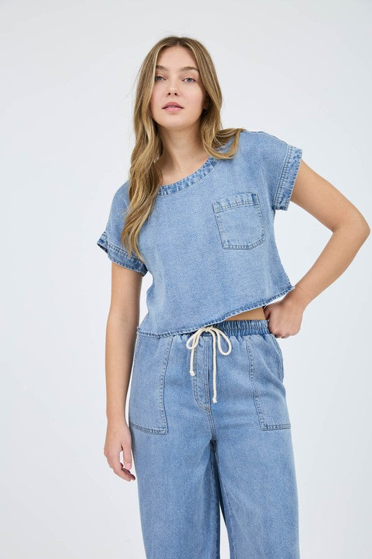 Washed Chambray Boat Neck Short Sleeve Crop Top & High Waist Wide leg Pants