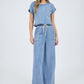 Washed Chambray Boat Neck Short Sleeve Crop Top & High Waist Wide leg Pants