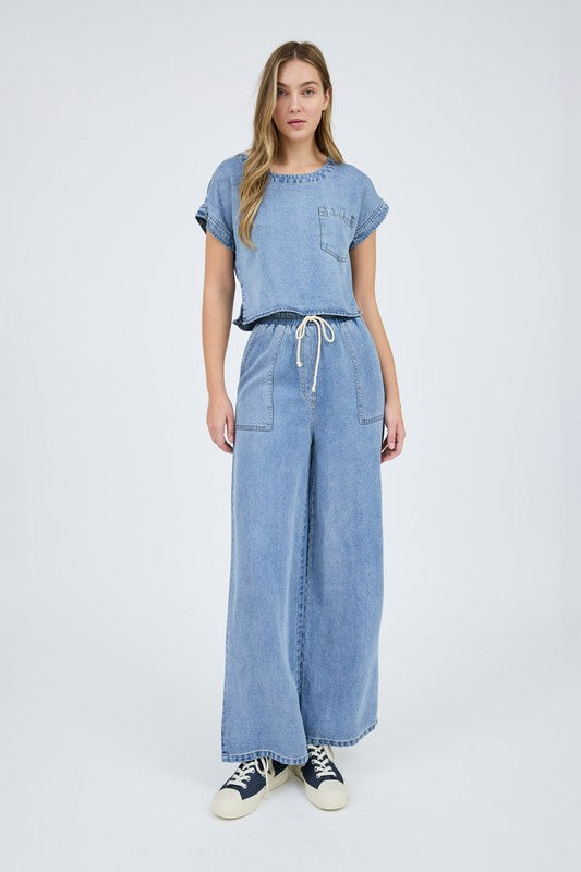 Washed Chambray Boat Neck Short Sleeve Crop Top & High Waist Wide leg Pants