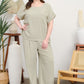 Linen-blend cropped top + wide-leg pants.