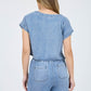Washed Chambray Boat Neck Short Sleeve Crop Top & High Waist Wide leg Pants