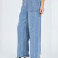Washed Chambray Boat Neck Short Sleeve Crop Top & High Waist Wide leg Pants